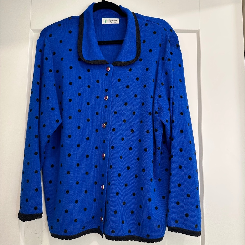 Vintage Blue Polka Dot Knit Cardigan size M